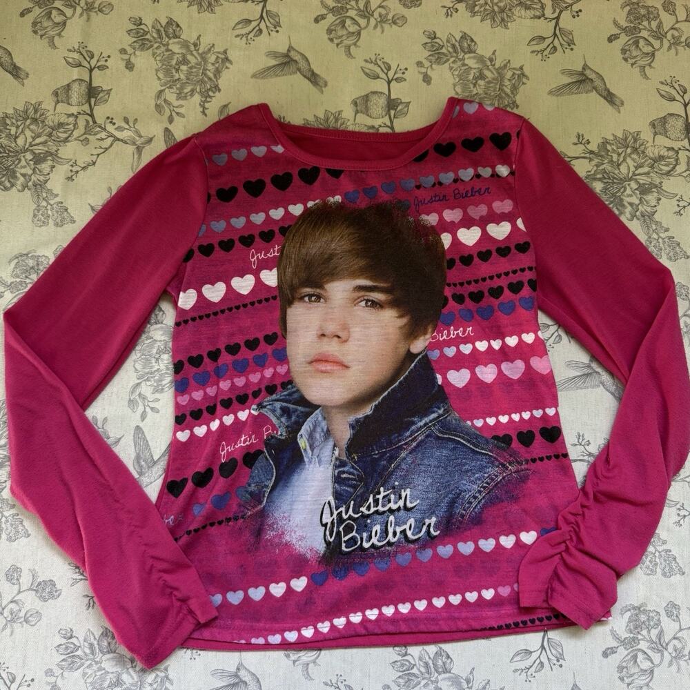 Vtg Y2K Justin Bieber Belieber Long Sleeve Shirt Slim Heart Kids Large PJ Top